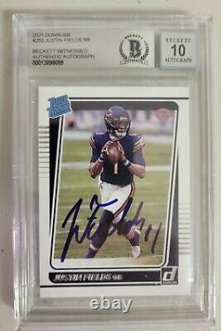 Justin Fields Signed Donruss Rated Rookie Card 253 Chicago Bears Beckett Auto 10