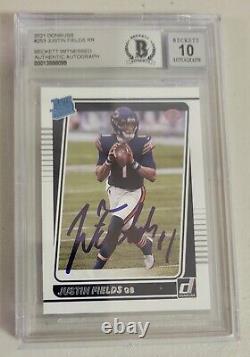 Justin Fields Signed Donruss Rated Rookie Card 253 Chicago Bears Beckett Auto 10