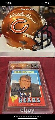 Casque NFL signé par Dick Butkus et carte de football Topps 1971 Beckett 10 Coa Hof